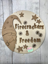 Load image into Gallery viewer, 16” 4th of July gnome firecrackers and freedom Round Doorhanger diy kit
