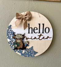 Load image into Gallery viewer, Hello Winter Highland cow Round Doorhanger