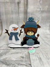 Load image into Gallery viewer, Winter Highland Cow Snowman shelf sitter craft sign kit