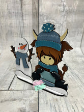Load image into Gallery viewer, Winter Highland Cow Snowman shelf sitter craft sign kit