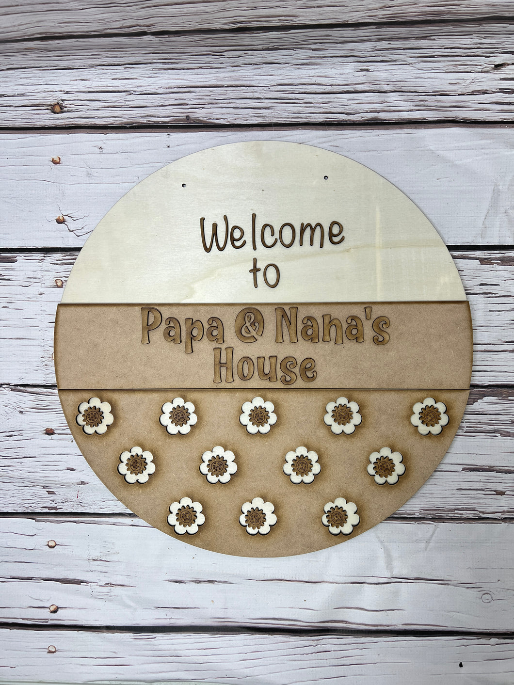 Welcome to Papa & Nanas house 16” Round flower Doorhanger