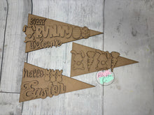 Load image into Gallery viewer, Interchangable seasonal pennant trio stands shelf sitter diy kit
