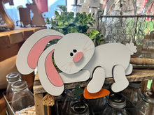 Load image into Gallery viewer, Easter floppy bunny carrot shelf hanger craft sign kit
