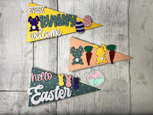 Load image into Gallery viewer, Interchangable seasonal pennant trio stands shelf sitter diy kit
