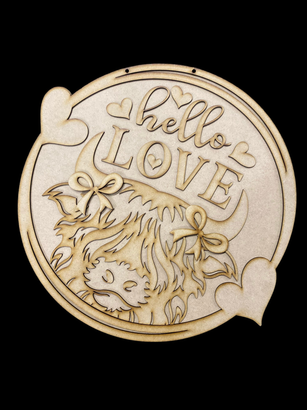 Highland cow Hello Love Round Doorhanger