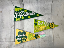 Load image into Gallery viewer, Interchangable seasonal pennant trio stands shelf sitter diy kit
