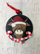 Load image into Gallery viewer, Christmas candy cane Ornament highland cow
