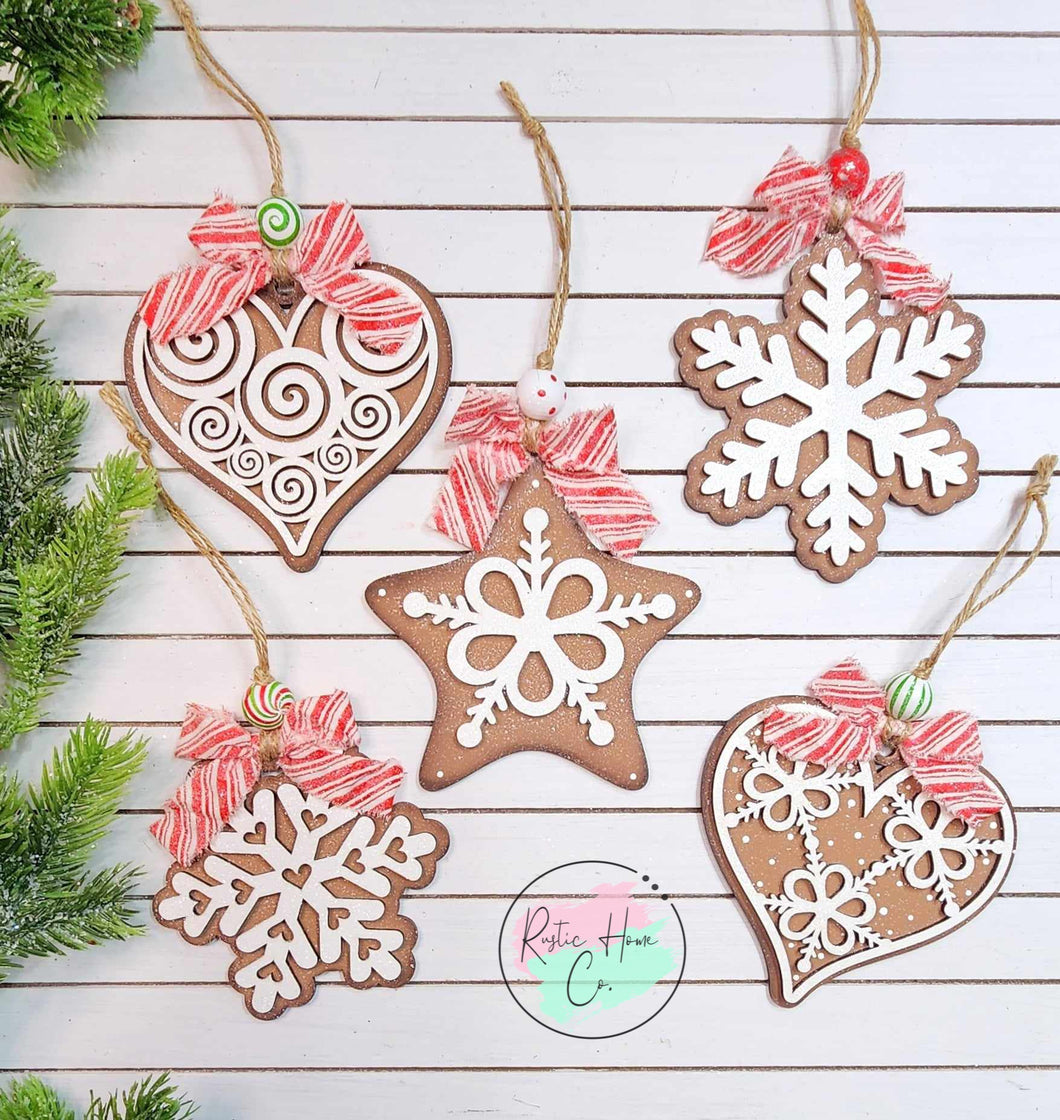 Christmas Ornaments gingerbread icing set of 5 Holiday